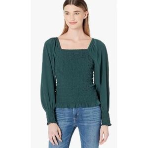 Madewell Lucie Bubble-Sleeve Smocked Top, Dark Palm Green Large